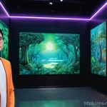 NFT 아트와 메타버스의 융합 - **Prompt:** A vibrant, futuristic digital art gallery located in a lush, virtual landscape inspired ...