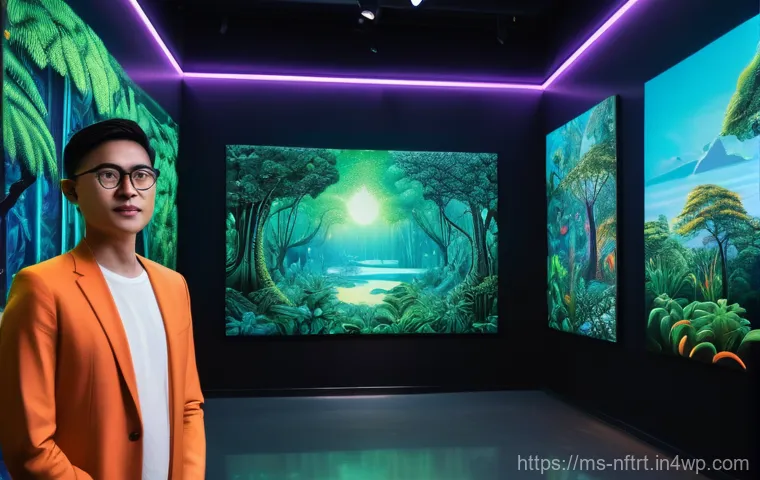 NFT 아트와 메타버스의 융합 - **Prompt:** A vibrant, futuristic digital art gallery located in a lush, virtual landscape inspired ...