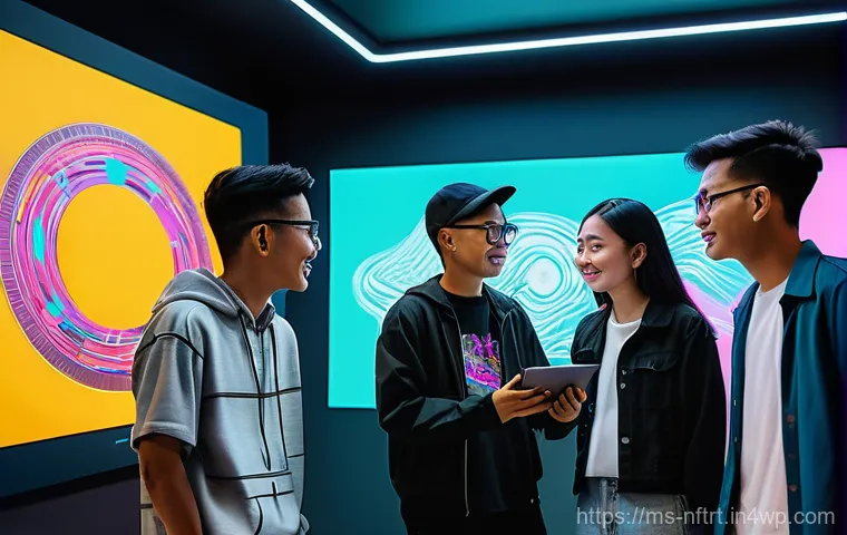 NFT 아트의 소비자 트렌드 변화 - **Prompt:** A group of young, diverse Malaysian digital artists, dressed in stylish modern casual we...