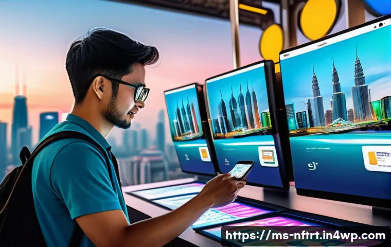 NFT 예술 시장의 법적 이슈 - A modern digital art marketplace scene set in Kuala Lumpur, Malaysia, featuring diverse young adults...