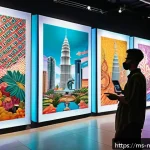 NFT 아트의 장기 투자 전략 - A vibrant digital art gallery scene showcasing diverse NFT artworks inspired by Malaysian pop cultur...