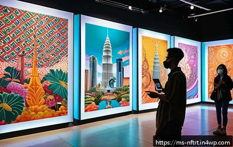 NFT 아트의 장기 투자 전략 - A vibrant digital art gallery scene showcasing diverse NFT artworks inspired by Malaysian pop cultur...