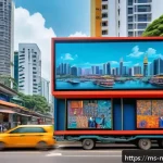 NFT 아트 작품 구매 가이드 - A vibrant digital art marketplace scene set in Malaysia, showcasing diverse NFT artworks displayed o...