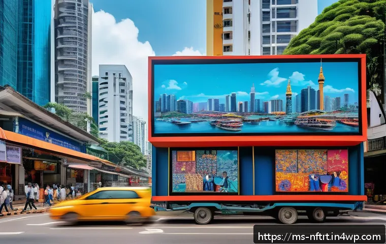 NFT 아트 작품 구매 가이드 - A vibrant digital art marketplace scene set in Malaysia, showcasing diverse NFT artworks displayed o...